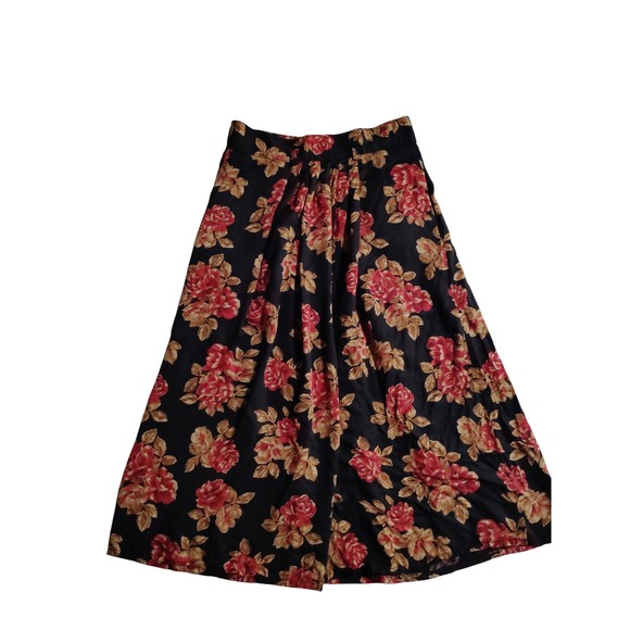 Jones New York Vintage 90s Floral Rose Pleated Midi Skirt Black Red Rayon Size 6 - Picture 2 of 6
